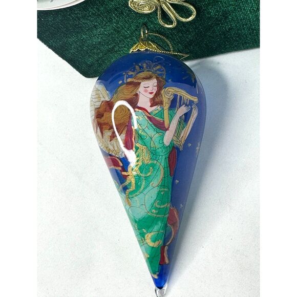 Pier1 Li Bien 2012vGlass Hand Painted Teardrop Angel Harp Ornament In Velvet Box - Picture 1 of 5
